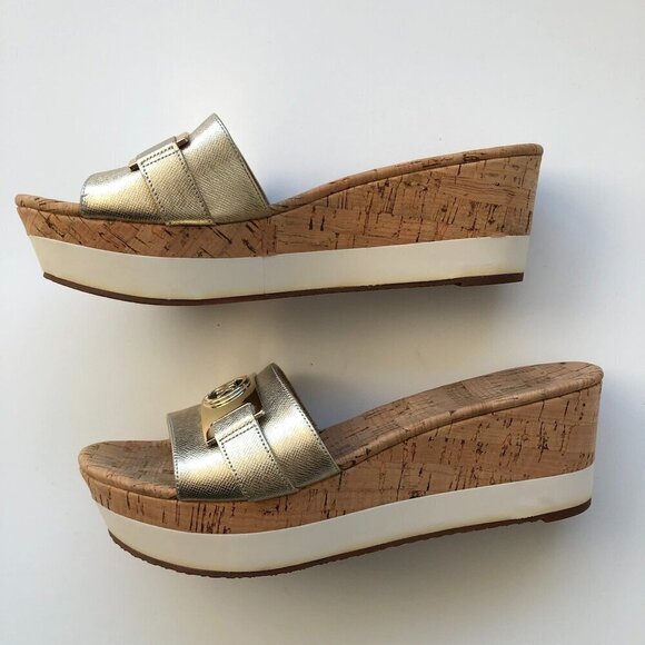 Michael Kors MK Warren Leather Platform Cork Slide Sandals Gold Logo Plate 10M - Picture 4 of 16